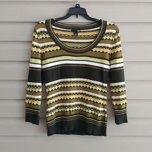 Vintage Y2K S green geometric mixed print 3/4 sleeve knit sweater top